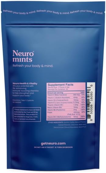 Neuro Mints | Health and Vitality Mints | Vitamin A, C, D3, E, B3, B6, B12, Folate | All Natural + Sugar Free + Vegan + Keto | Multivitamin Supplement for Adults | Blueberry Guava (90 Mints)