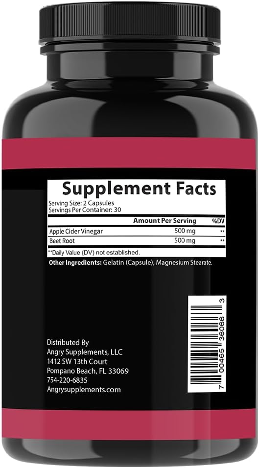 Angry Supplements Apple Cider Vinegar + Beet Root Powder Capsules, Pure ACV Beetroot 1000mg per Serving, Nitric Oxide Booster & Digestive Health for Men and Women 60ct, 2 Pack (120ct Total)