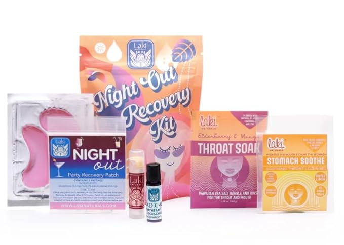 Night Out Recovery Essentials Kit - Includes Night Out Patches, Head Calm Aromatherapy Rollerball, Stomach Soothe Lozenges, Travel Throat Soak Gargle, Under Eye Mask, and Calendula Lip Balm