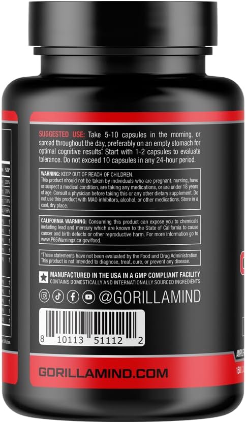 Gorilla Mind Nootropic Formula (150 Capsules) - Best Caffeinated Productivity Supplement / 8+ Hours of Focus and Energy