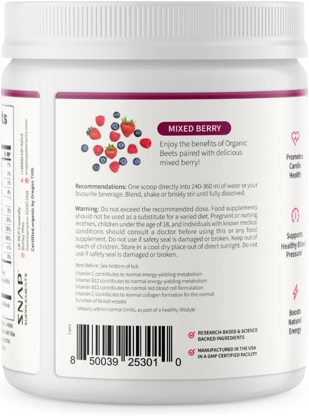 Snap Supplements USDA Organic Beet Root Powder, 3-in-1 Nitric Oxide Supplement, Support Healthy Blood Pressure and Blood Circulation, 250g (Mixed Berry)