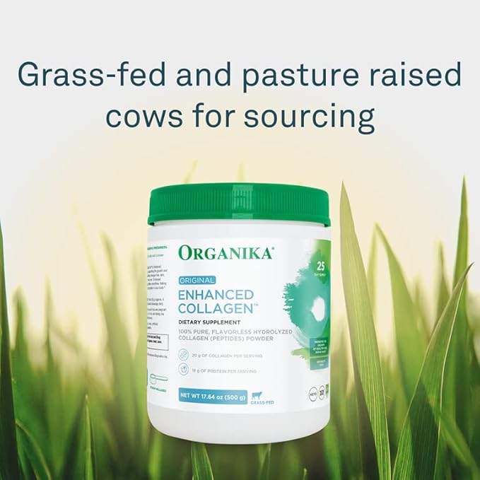 Organika Enhanced Collagen Peptides Protein Powder for Healthy Hair, Skin, Nails, Joints - Hydrolyzed for Better Absorption - Grass-Fed, Non-GMO, Type I and III - Unflavored 17.64 oz