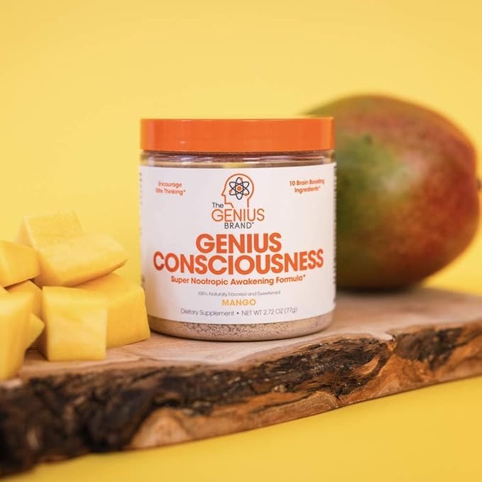 Genius Consciousness, Super Nootropic Brain Supplement Powder, Mango - Boost Focus, Cognitive Function, Concentration & Memory Booster - Alpha GPC & Lions Mane Mushroom for Neuro Energy & IQ