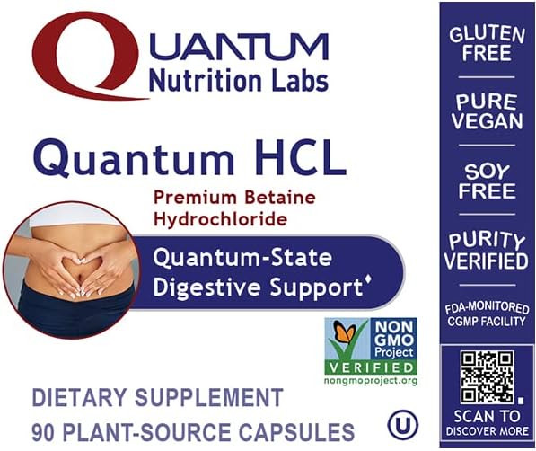 Quantum Nutrition Labs Quantum Betaine HCL - Betaine Hydrochloride, Betaine Hydrochloric Acid Supplement for Optimal Digestive Function and Low Stomach Acid, Betaine-HCL - 90 Plant-Based Capsules