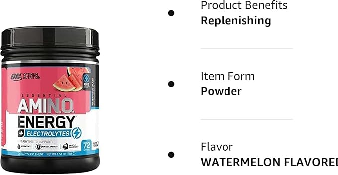 Optimum Nutrition Essential AMIN.O Energy & Electrolytes - Energy, Focus & Post-Workout Muscle Recovery - Watermelon Pre-Workout Electrolyte Powder Drink - Watermelon Splash, 1.51 lb (72 Servings)