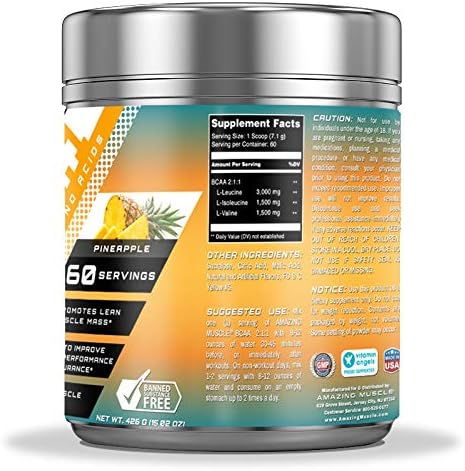 BCAA 2:1:1 Branched Chain Amino Acids Supplement | 6000 Mg Per Serving | Pineapple Flavor | 60 Servings