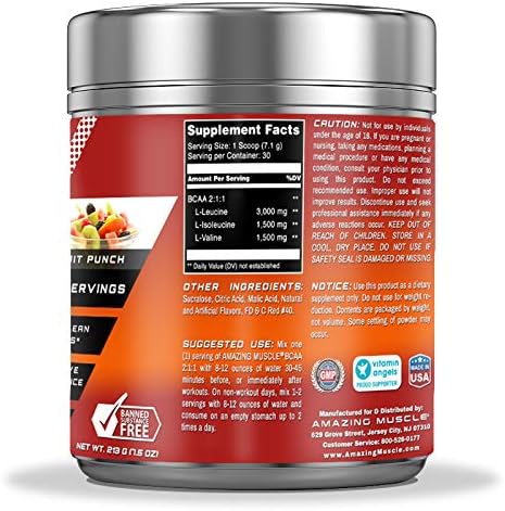 BCAA 2:1:1 Branched Chain Amino Acids Supplement | 6,000 Mg Per Serving | Fruit Punch Flavor | 30 Servings