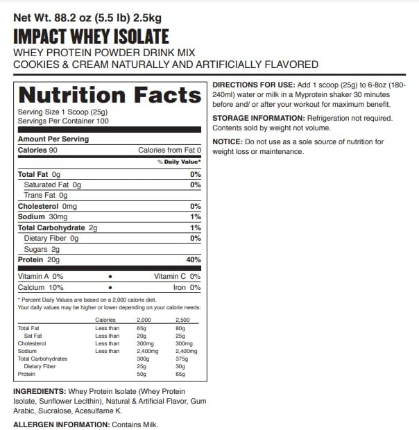 Myprotein - Impact Whey Isolate - Whey Protein Powder - Flavored Drink Mix - Daily Protein Intake for Superior Performance - Cookies & Cream (5.5 lbs, Pack of 1)