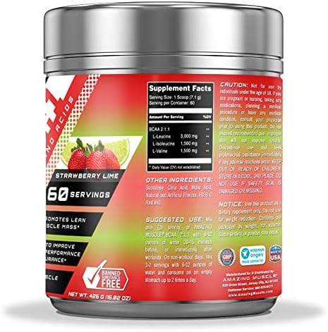 BCAA 2:1:1 Branched Chain Amino Acids Supplement | 6000 Mg Per Serving | Strawberry Lime Flavor | 60 Servings Per Bottle