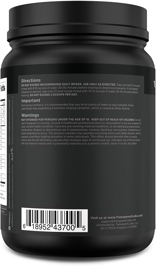 Transparent Labs Bulk Black Pre Workout - Clinically Dosed, Sugar Free Preworkout for Men and Women with Beta Alanine Powder, Citrulline Malate, & Caffeine Powder- 30 Servings, Black Cherry
