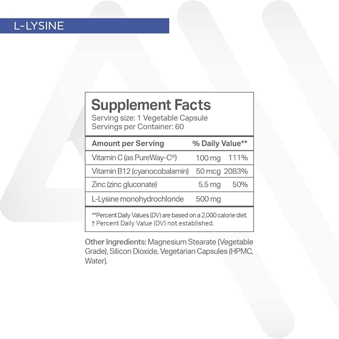 L-Lysine Supplement with Vitamin B12 + C + Zinc for Lip, Mouth, and Oral Tissue Health - Enhanced Wellness Support - Non-GMO, Gluten-Free - Made in USA - 60 Vegetable Capsules, 500mg