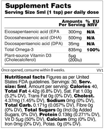 Vegan Omega 3 Supplements 150 ml (30-Day Supply) — Plant Source from Microalgae — EPA 300MG & DHA 500 MG + VIT D3 — Health Supplements for Heart, Eye & Brain Health (Unflavored)