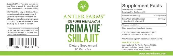 Antler Farms - 100% Pure PrimaVie Shilajit for Men Extract, 60 Capsules, 250mg – Standardized to 50% Fulvic Acid, Wild Harvested Resin from The Himalayas, Powerful Adaptogenic Supplement