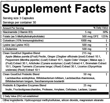 Colostrum Supplement Capsules Probiotics Pills Prebiotics, L-Glutamine, Digestive Enzymes, Folate, Fiber, ACV, Turmeric, Apple Pectin and Turmeric Clean Nutra Good Gut