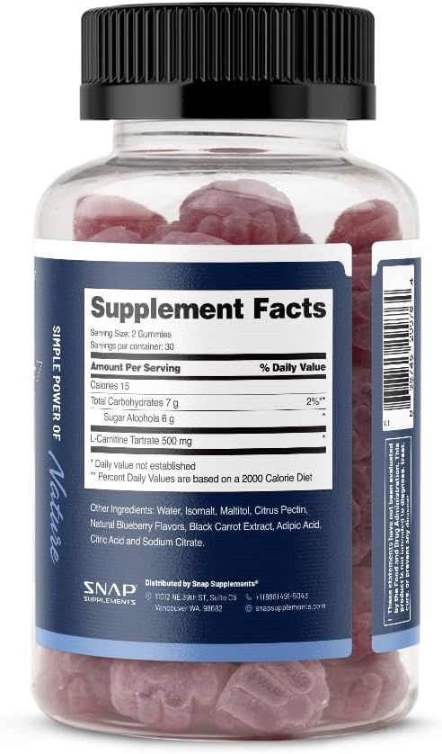 Sugar Free L Carnitine 500mg Gummy - Natural Pre Workout L-Carnitine Supplement - Increased Energy, Faster Recovery, Boost Metabolism, Pre Workout for Women & Men, Blueberry Flavor (60 Gummies)