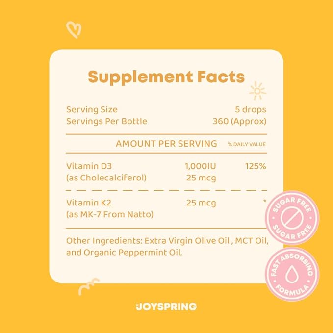 JoySpring Vitamin D3 Kids Drops with Vitamin K2 |360 Servings (2 fl oz)| Vitamin D Toddler Liquid Supplement | Children's Vitamin D Calcium Absorption & Joint Health Support | Vitamin D Kids Ages 3-18