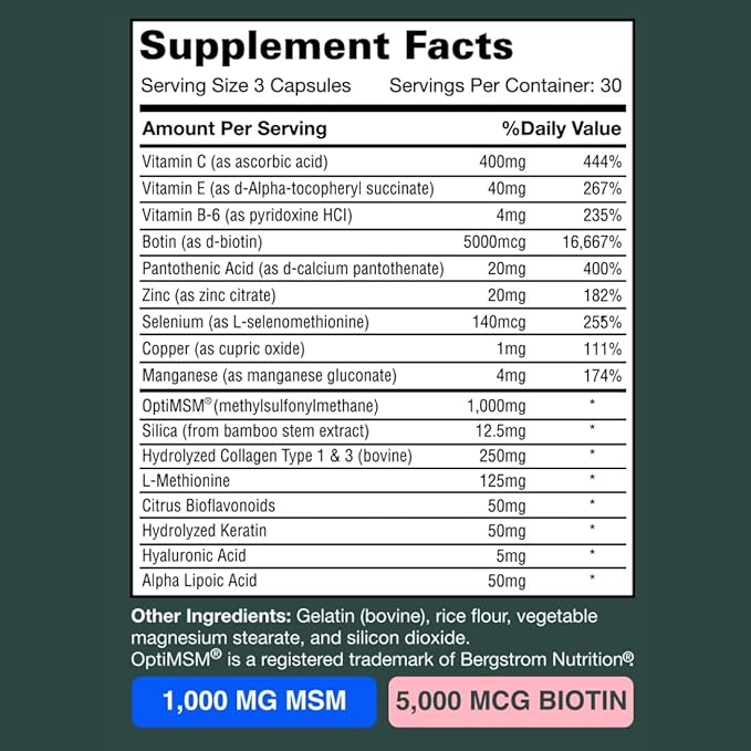 Hair Vitamins MSM powder Faster Hair Growth Hairtonica - Hair Growth Supplement - Support Hair Loss & Thinning Hair - MSM 1,000mg Hair Supplement Biotin 5000mcg, Keratin – Packaging may vary 90 ct
