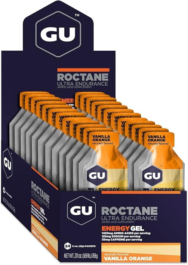 GU Energy Roctane Ultra Endurance Energy Gel, Vegan, Gluten-Free, Kosher, and Dairy-Free On-The-Go Sports Nutrition for Running, Biking, Hiking or Skiing, Vanilla Orange (24 Packets)