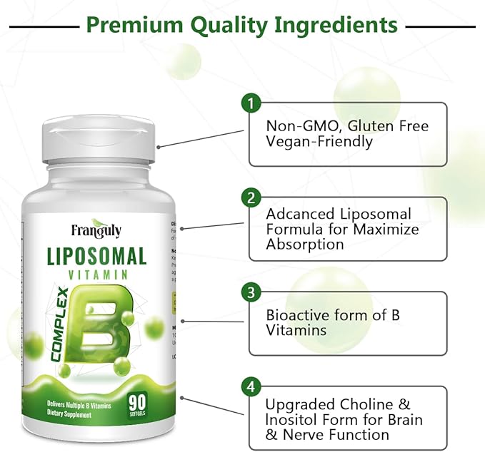 Active B Complex Liposomal B Vitamins with Choline Inositol, 90 Softgels B1, B2, B3, B5, B6, Biotin, Folate, B12 Methylcobalamin- Immune, Energy, Brain and Heart Support-2 Bottles