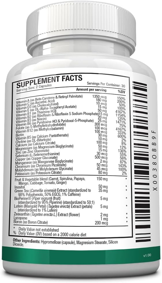 Approved Science Multi-Vitamin - with Full-Spectrum B-Vitamins, Green Tea, Lutein, Lycopene, Zeaxanthin, BioPerine - 60 Capsules - 6 Month Supply