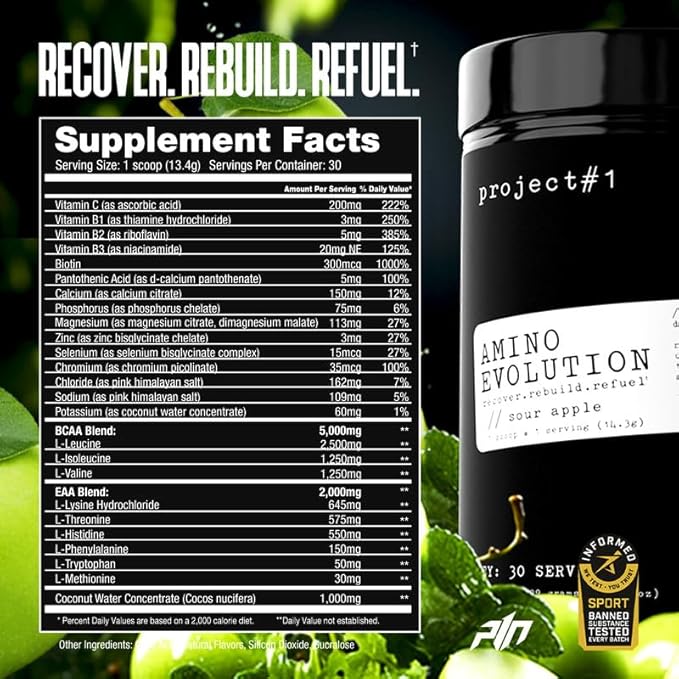 Project #1 AminoEVolution: Muscle Support & Recovery | BCAA's, EAA's, Electrolytes Powder | Keto-Friendly Energy Boost | Pre Workout for Men & Women | 30 Servings - Sour Apple | Amino Acids