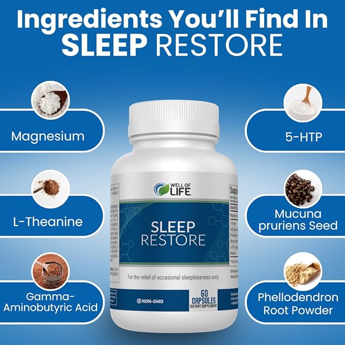 Sleep Restore - Tranquil Sleep Formula with L-Theanine, GABA, 5-HTP, Magnesium, Melatonin & More - 60 Veg Capsules for Deep, Refreshing Sleep & Overall Well-Being