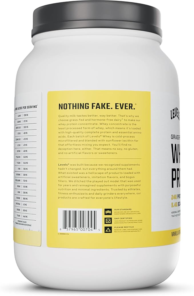 Levels Grass Fed Whey Protein Powder, No Artificials, 24G of Protein, Vanilla Bean, 2LB