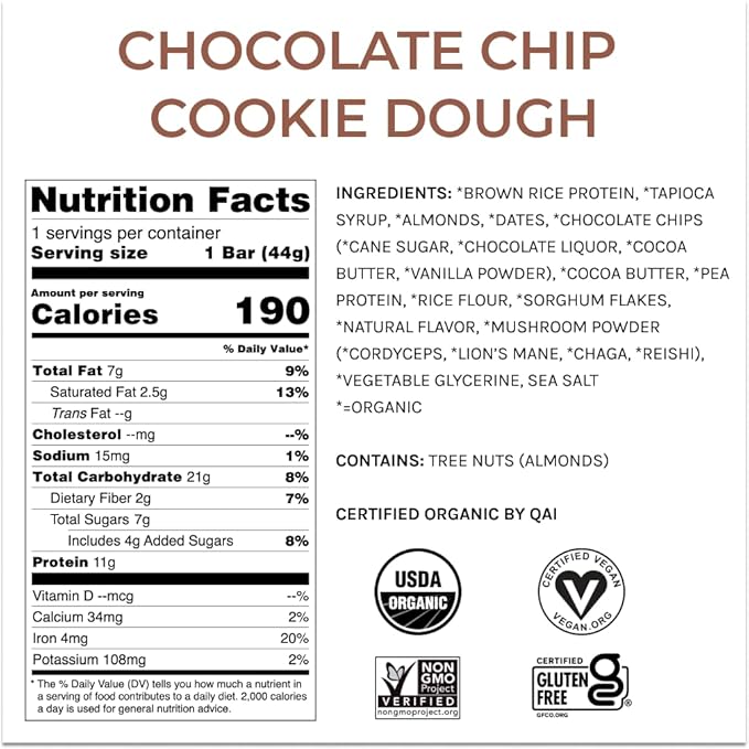 Organic Functional Mushroom Protein Bars | Full Dose (1500mg) Lions Mane, Chaga, Reishi & Cordyceps Bars | Vegan Protein Bars, Adaptogens, Superfoods Protein Bars | Chocolate Chip Cookie Dough Flavor
