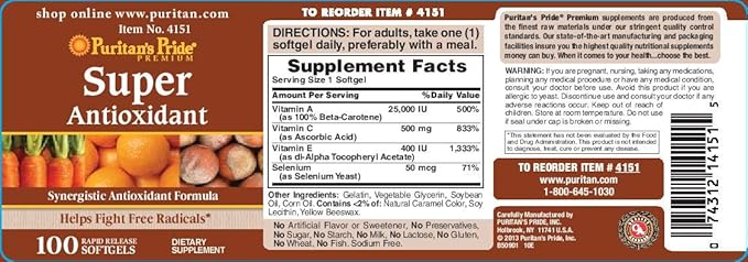 Puritan's Pride Premium Super Synergistic Antioxidant Formula, Dietary Supplement to Help Fight Premature Aging*, Vitamins A, C, E, and Selenium Mineral, 3 Month Supply, 100 Rapid Release Softgels