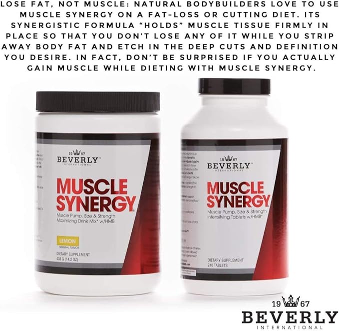 Beverly International Muscle Synergy 405g (Lemon Powder 14.3 oz) Dramatic Muscle Pump, Size & Strength Maximizing Drink Mix w/HMB. L-Arginine, L-Citrulline, Creatine Monohydrate, L-Ornithine