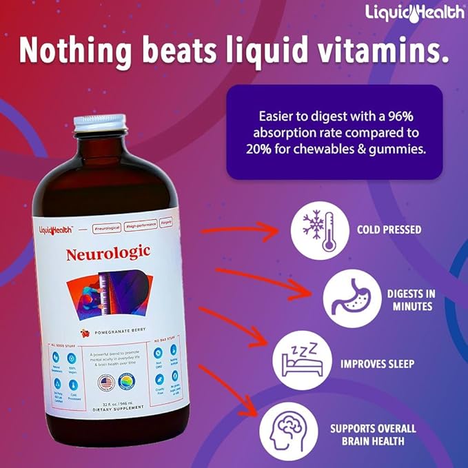 LIQUIDHEALTH 32 Oz Liquid Neurologic Focus Supplement, Nootropic for Cognitive Function, Brain Supplement for Memory & Focus, Brain Booster, Ginkgo Biloba, Choline, L-Theanine & Phosphatidylserine