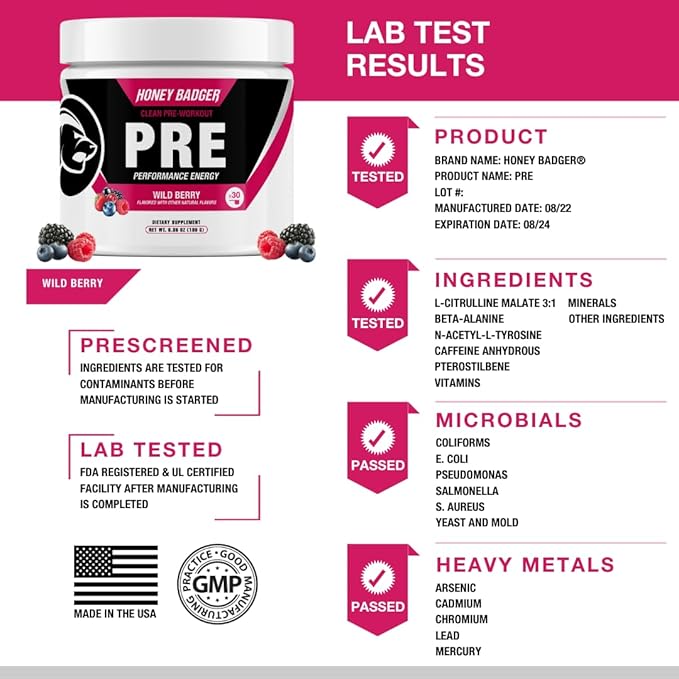 Honey Badger Pre Workout Powder, Keto Vegan Preworkout for Men & Women, Beta Alanine & Caffeine, Sugar Free Natural Energy Supplement, Wild Berry, 30 Servings