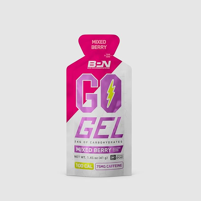 BARE PERFORMANCE NUTRITION, BPN Go Gel Endurance Gel Caffeinated, Vegan + Gluten Free Running Gel with 24g of Carbohydrates & 100 Calories per Gel Pack, 10 Single-Serving Gel Packs, Mixed Berry