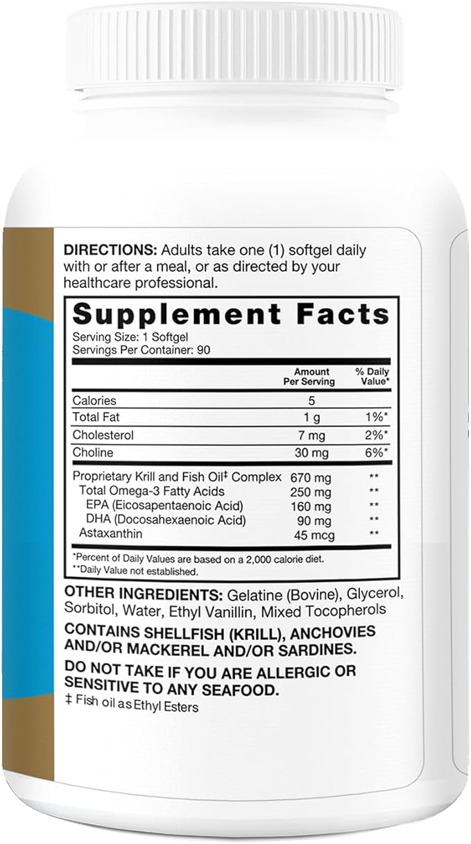 Qunol Advanced Omega 3 Krill and Fish Oil Complex, 10x Better Bioavailability, One Pill Dose, 250mg EPA & DHA, Supports Brain, Eye, Heart and Joint Health, 90 Count (Pack of 1)