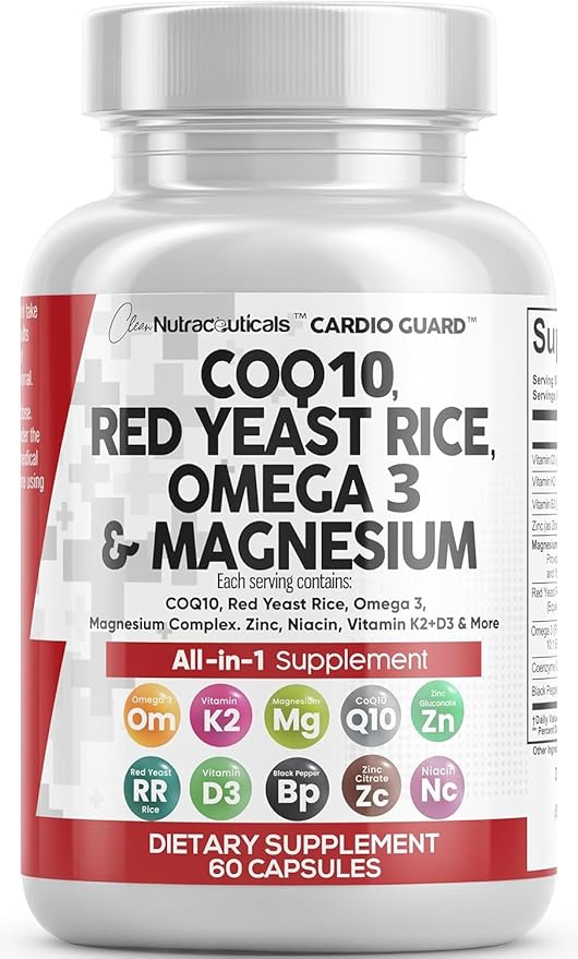 Clean Nutraceuticals COQ10 Red Yeast Rice Omega 3 Magnesium Complex Niacin Zinc Vitamin K2 D3 - Heart Support Vitamins for Women & Men w/Vitamin B3, Coenzyme Q10-60 Ct