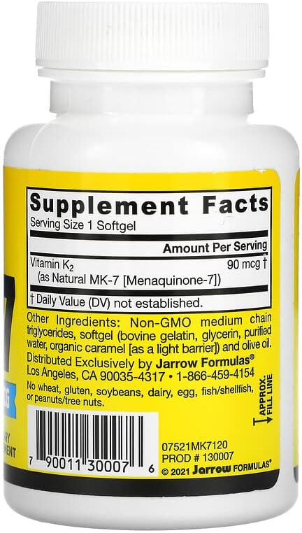 Jarrow Formulas MK-7 90 mcg - 120 Softgels, Pack of 2 - Superior Vitamin K Product for Building Strong Bones - Supports Heart & Cardiovascular Health - 240 Total Servings