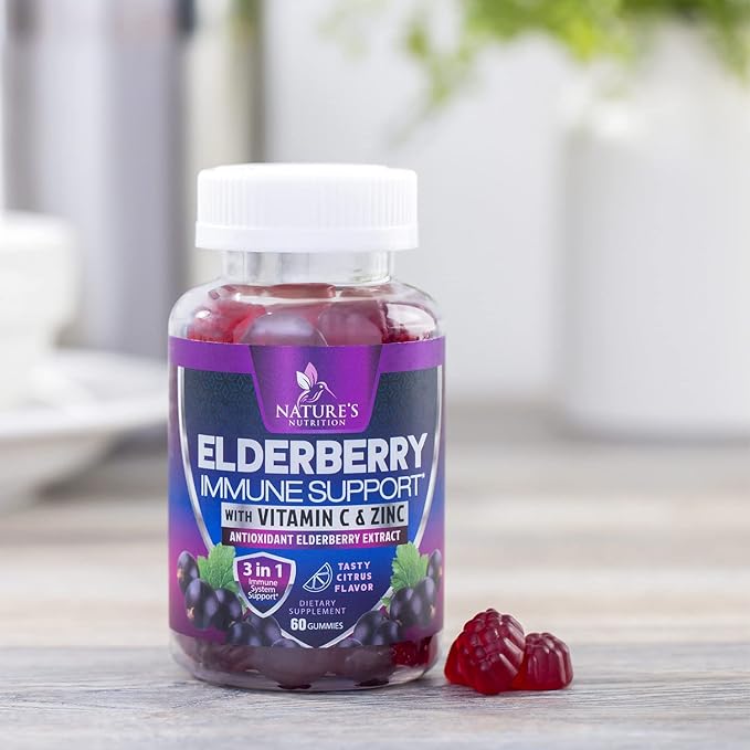 Immune Support Gummies - Powerful Sambucus Elderberry Gummies with Elderberry Extract, Zinc & Vitamin C Gummy, Max Potency Natural Vegan Immune Support Supplement for Adults & Children - 60 Gummies