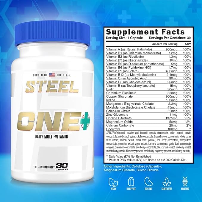 Steel Supplements ONE+ | Once Daily Multivitamin for Men and Women | Mineral Supplement for Immunity and Vitality | Vitamins A B C D E, Biotin, Spectra, Zinc, Magnesium | 30 Day Supply