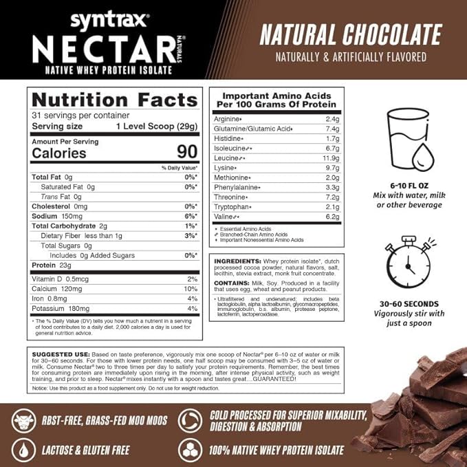 Syntrax Nutrition Nectar Naturals, 100% Whey Isolate Protein Powder, Natural Chocolate, 2 lbs