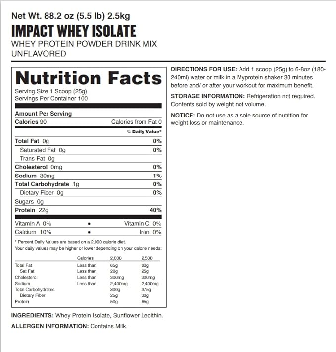Myprotein Impact Whey Protein Isolate, 5.5 Lbs (81 Servings) Unflavored, 25g Protein, 3.5g Glutamine & 6g BCAA Per Serving