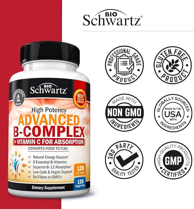Vitamin B Complex with Vitamin C for Maximum Absorption - Methylcobalamin b12 & Folate Folic Acid Supplement - Vitamins B1 B2 B3 B5 B6 B7 B9 for Immune Energy & Nervous System Support - Non-GMO 120ct