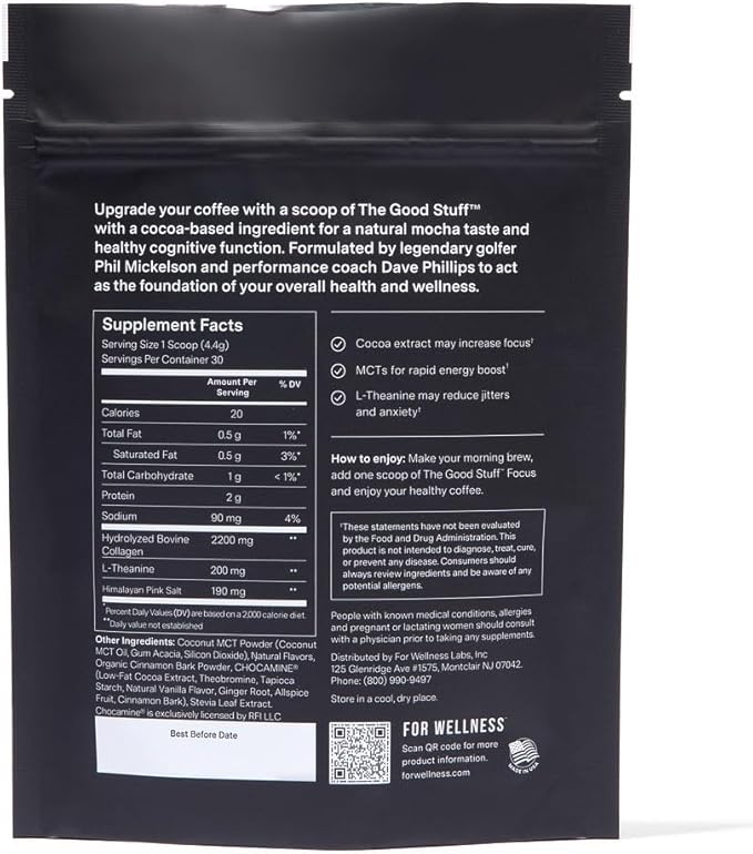 For Wellness The Good Stuff Performance Coffee Supplement- Non-Dairy Coffee Creamer Powder w/Collagen, MCT, L-Theanine & Cinnamon - Healthy Coffee Add-in for Energy & Focus