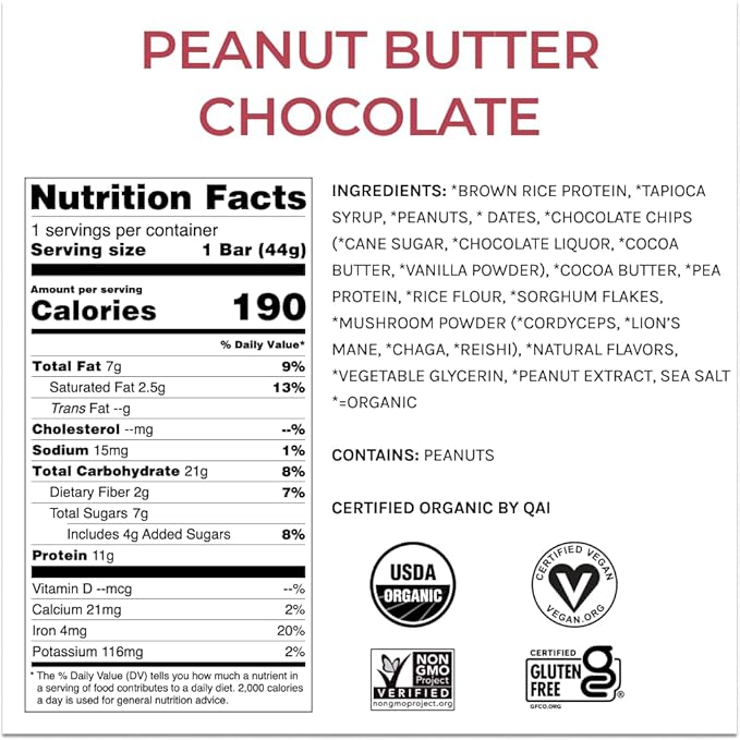 Organic Functional Mushroom Protein Bars | Full Dose (1500mg) Lions Mane, Chaga, Reishi & Cordyceps Bars | Vegan Protein Bars, Adaptogens, Superfoods Protein Bars | Peanut Butter Chocolate Flavor