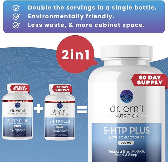 DR. EMIL NUTRITION 200 MG 5-HTP Plus with SAM-e for Mood, Stress, and Sleep - 5HTP Supplement with Vitamin B6-120 Vegan Capsules, 60 Servings