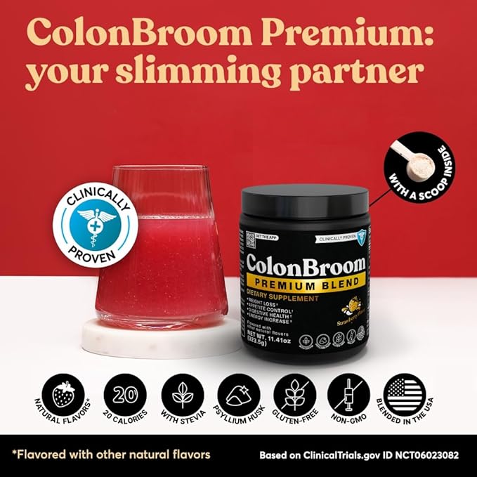 ColonBroom Premium Weight Management Supplement (Strawberry) - Colon Broom Psyllium Husk Fiber Powder Drink - Gluten Free, Non-GMO Colon Cleanse for Bloating Relief & Gut Health, 100 Servings