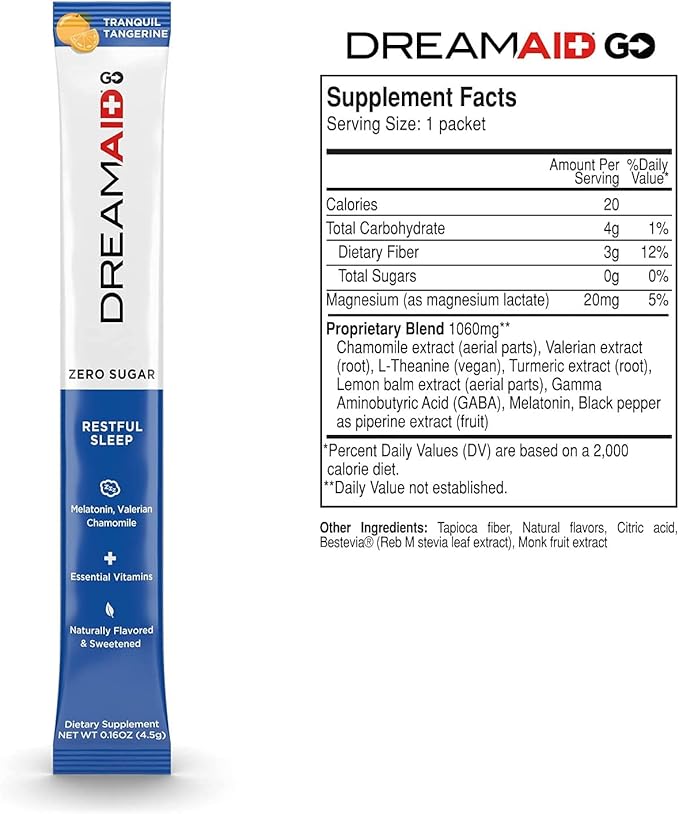 Sleep Aid Drink Mix, DreamAid, Melatonin, Chamomile - Helps Adults Fall Asleep Faster, Sleep Longer and Wake up Feeling Rejuvenated, Zero Sugar & Keto Friendly, 14 Servings (Pack of 1)