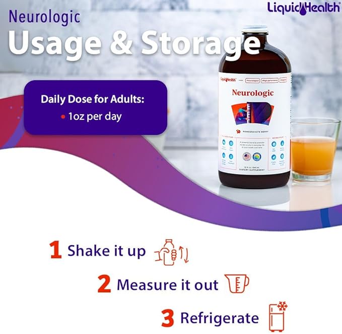 LIQUIDHEALTH 32 Oz Liquid Neurologic Focus Supplement, Nootropic for Cognitive Function, Brain Supplement for Memory & Focus, Brain Booster, Ginkgo Biloba, Choline, L-Theanine & Phosphatidylserine