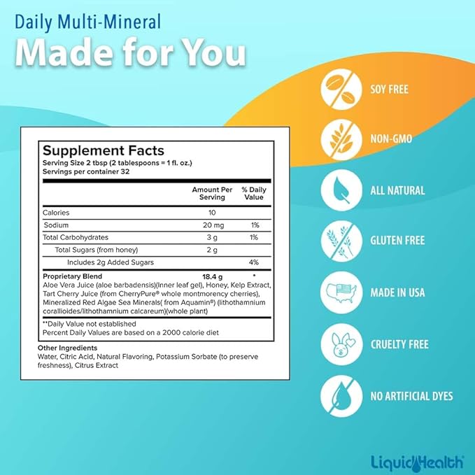 LIQUIDHEALTH Daily Multi Mineral Liquid Supplement with Fulvic Acid, Plant Based Ionic Aquamin Sea Trace Ocean Minerals - Immune Support, Energy, Gut Health, Detox - Vegetarian, Sugar-Free (32 oz)
