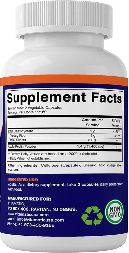 Vitamatic Apple Pectin 700 mg 120 Vegetarian Capsules - Dietary Fiber - Promotes Healthy Intestinal Health*