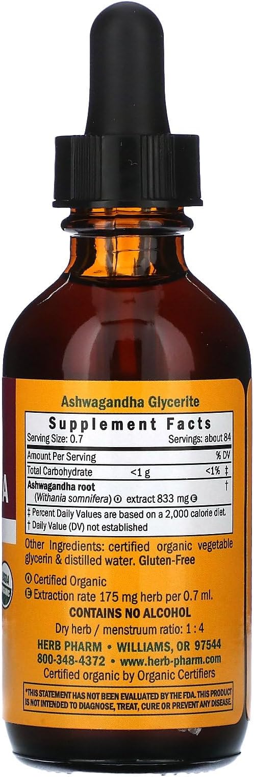 Herb Pharm Certified Organic Ashwagandha Extract Drops for Traditional Support for Energy and Vitality, Alcohol-Free Glycerite, 2 Oz